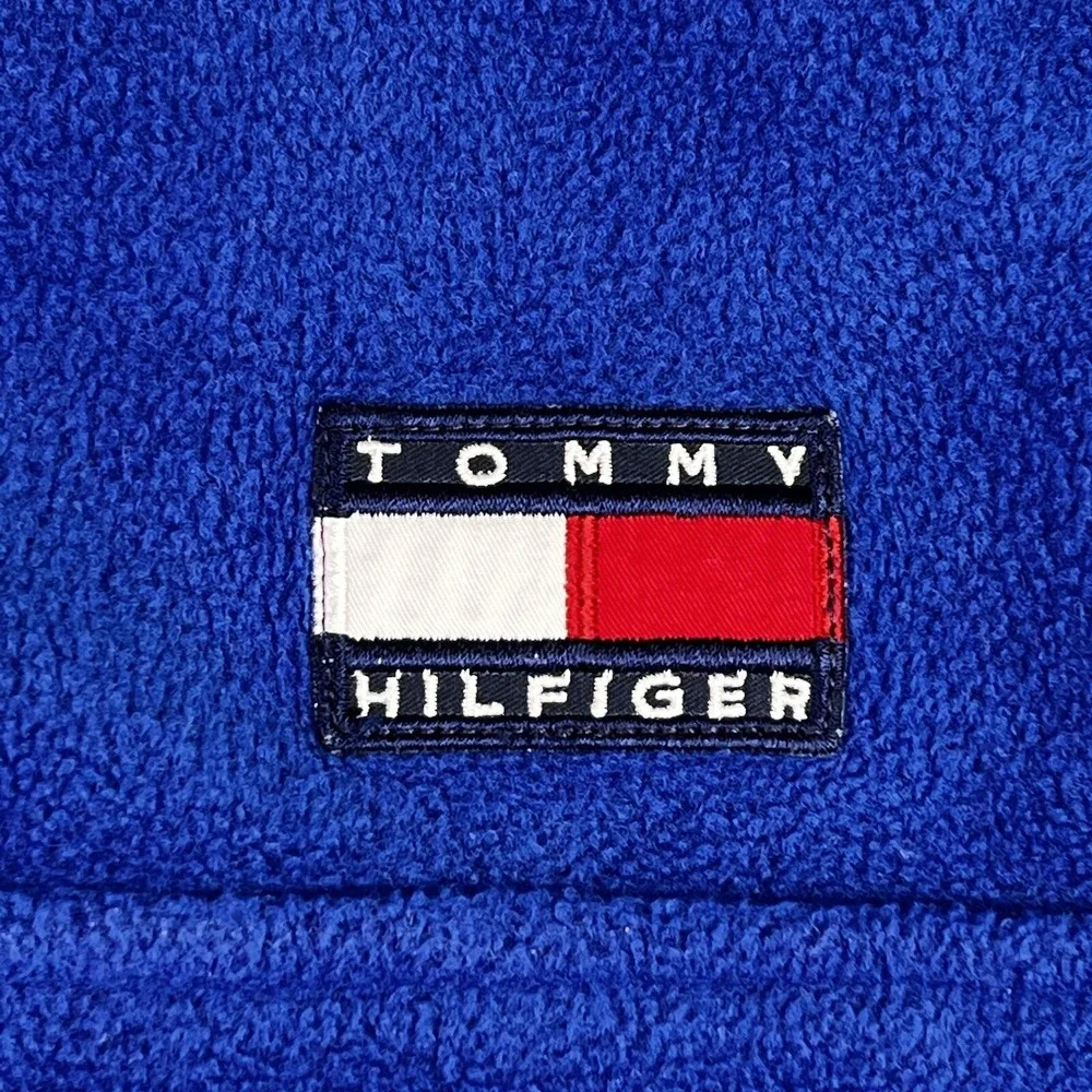 Vintage 90s Y2K Tommy Hilfiger‎ Mens 1/4 Zip Fleece Pullover Blue w/ Red XL